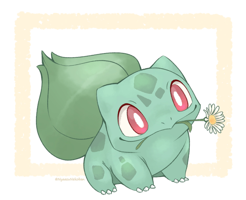 2020 ambiguous_gender amphibian bulbasaur claws feral flower flower_in_mouth green_body green_markings markings nintendo nyaasu plant pok&eacute;mon pok&eacute;mon_(species) red_eyes signature smile solo spots standing video_games