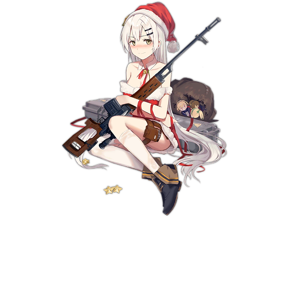 1girl alternate_costume bag black_footwear blush character_doll doll dragunov_svd full_body girls_frontline green_eyes gun hair_ornament hairclip hat holding holding_gun holding_weapon huanxiang_heitu lee-enfield_(girls_frontline) long_hair official_art rifle santa_costume santa_hat scw_(girls_frontline) simple_background sniper_rifle solo star_(symbol) sv-98_(girls_frontline) svd_(girls_frontline) torn_bag transparent_background weapon white_background white_hair