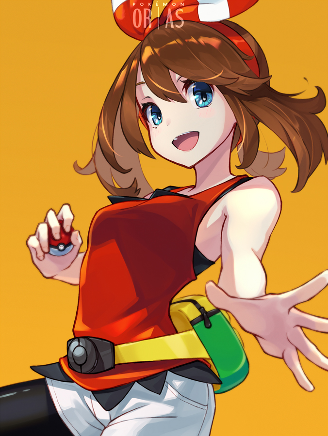 1girl belt blue_eyes bow breasts brown_hair cowboy_shot fanny_pack fumi_t204 hair_ribbon hairband haruka_(pokemon) medium_breasts pocket poke_ball pokemon pokemon_(game) pokemon_oras red_hairband ribbon shirt shorts sleeveless sleeveless_shirt striped striped_bow white_shorts