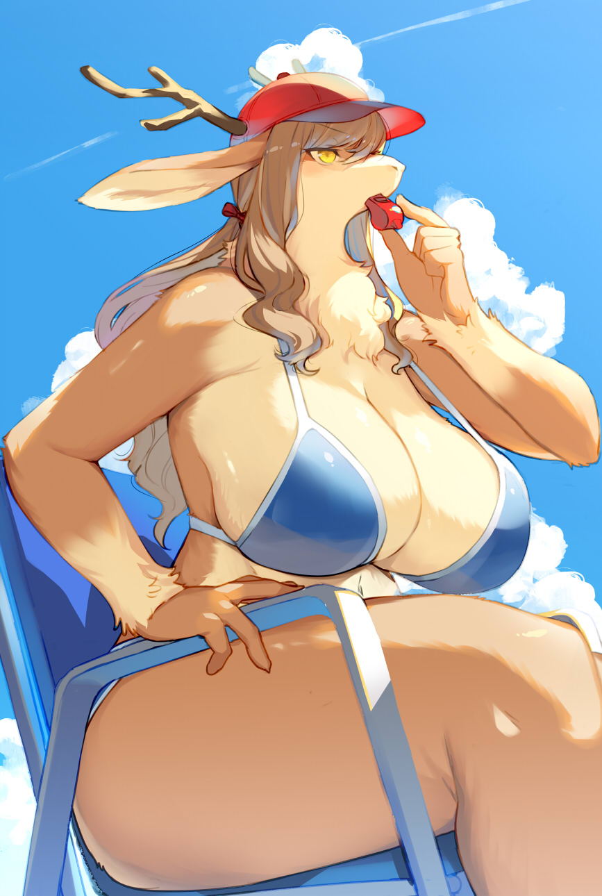2020 5_fingers anthro big_breasts bikini blue_bikini blue_chair breasts brown_body brown_fur brown_hair cervid chair chest_tuft cleavage clothed clothing cloud curvy_figure female fingers fur furniture hair hat headgear headwear hi_res huge_breasts kemono kishibe lifeguard long_hair mammal multicolored_body multicolored_fur navel object_in_mouth red_clothing red_hat red_headwear side_boob sitting sky snout solo swimwear tuft two_tone_body two_tone_fur voluptuous whistle whistling yellow_eyes