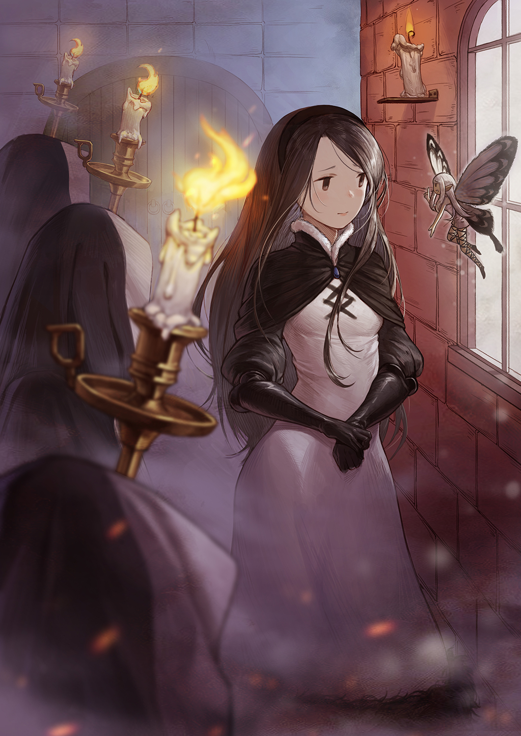 5others agnes_oblige black_eyes black_gloves black_hairband bravely_default_(series) brick_wall brown_eyes brown_hair candle closed_mouth door dress elbow_gloves fairy fairy_wings fire flying fog fur_trim gloves hairband highres holding indoors long_hair multiple_others neko_sheep open_mouth smile wax white_dress white_hair window wings