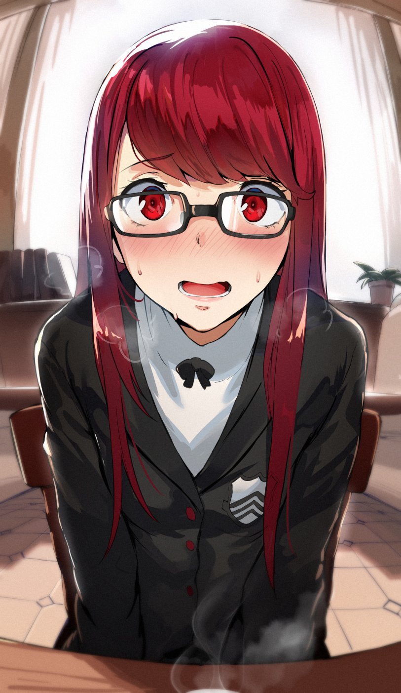 1girl backlighting bangs black-framed_eyewear black_jacket blush book breasts chair glasses hews_hack highres jacket long_hair long_sleeves looking_at_viewer open_mouth persona persona_5 persona_5_the_royal plant potted_plant red_eyes red_hair school_uniform sitting small_breasts swept_bangs window yoshizawa_kasumi