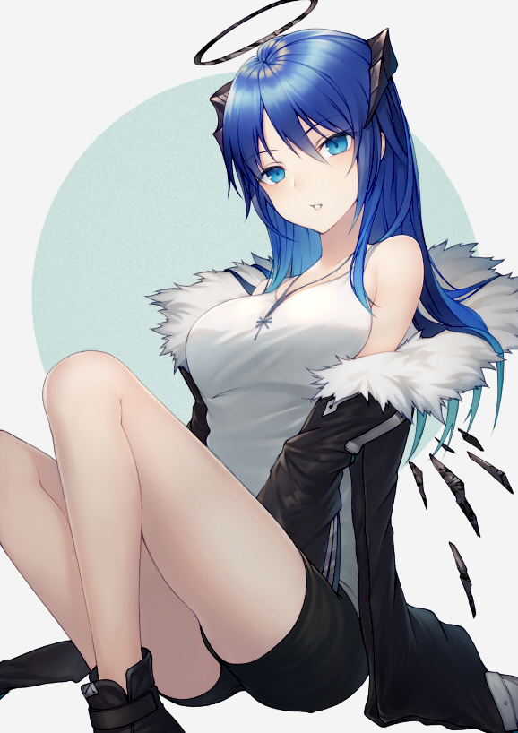 1girl arknights banned_artist bare_legs bare_shoulders black_jacket black_shorts blue_eyes blue_hair breasts detached_wings energy_wings full_body fur-trimmed_hood fur-trimmed_jacket fur_trim gun halo hood horns jacket jewelry kriss_vector kyoeiki looking_at_viewer medium_breasts medium_hair mostima_(arknights) necklace open_mouth shirt shorts simple_background sleeveless sleeveless_shirt submachine_gun weapon white_background wings