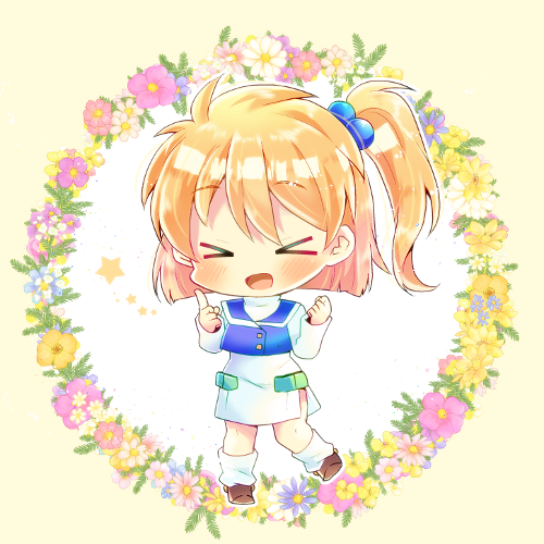 &gt;_&lt; 1girl :d bangs beige_background blonde_hair blue_jacket blush brown_footwear chibi closed_eyes commission dress eyebrows_visible_through_hair facing_viewer floral_background flower full_body hair_between_eyes hair_bobbles hair_ornament hands_up index_finger_raised jacket kouu_hiyoyo long_sleeves loose_socks lowres one_side_up open_mouth pink_flower presia_zenoskis purple_flower shoes sleeveless sleeveless_jacket smile socks solo standing standing_on_one_leg star_(symbol) super_robot_wars super_robot_wars_the_lord_of_elemental two-tone_background white_background white_dress white_flower white_legwear xd yellow_flower