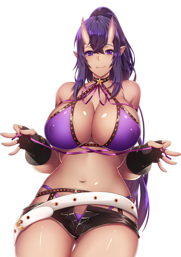 1girl bb_(fate)_(all) bb_(swimsuit_mooncancer)_(fate) bb_(swimsuit_mooncancer)_(fate)_(cosplay) belt bikini black_gloves black_shorts blush breasts cleavage closed_mouth commission cosplay covered_nipples cowboy_shot criss-cross_halter fang fingerless_gloves gloves hair_between_eyes halterneck horns large_breasts long_hair looking_at_viewer loose_belt megatama micro_shorts oni_horns original ponytail purple_bikini purple_eyes purple_hair ribbon shiny shiny_skin shorts smile solo swimsuit tan very_long_hair white_belt