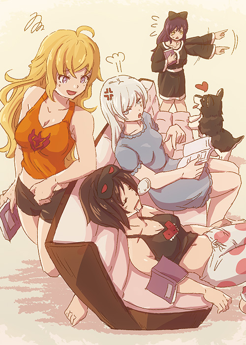 4girls =3 anger_vein black_hair black_shorts black_tank_top blake_belladonna blonde_hair blue_eyes book bow closed_eyes dog drooling hair_bow hand_wave heart japanese_clothes kimono kimono_skirt long_hair moai_(moai_world) multicolored_hair multiple_girls nightgown nose_bubble open_mouth pajamas purple_eyes red_hair ruby_rose rwby scar scar_across_eye shooing short_hair shorts sleeping sleepwear tank_top two-tone_hair wavy_hair weiss_schnee welsh_corgi white_hair yang_xiao_long yellow_eyes yellow_tank_top zwei_(rwby)