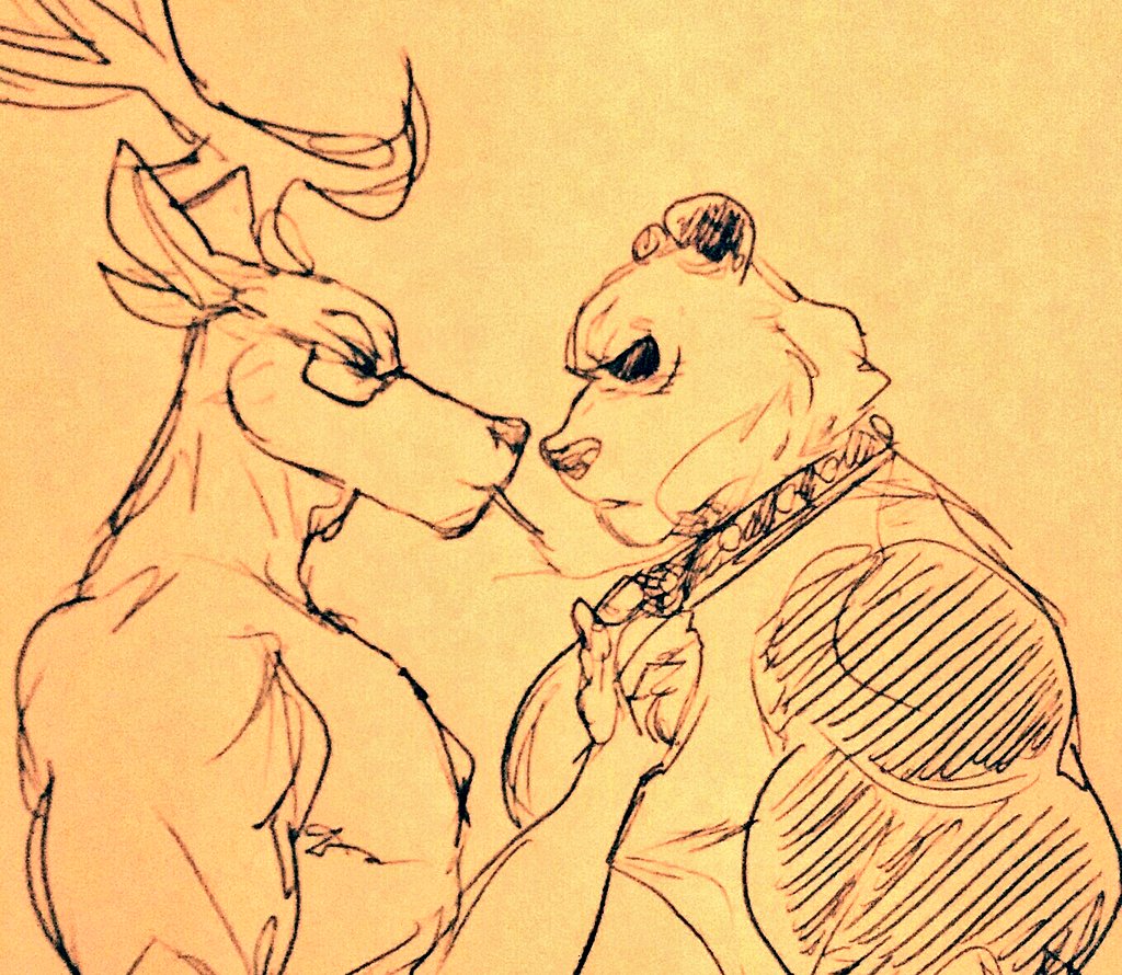 2020 anthro antlers beastars cervid cigarette collar duo eyewear facial_scar giant_panda glasses gouhin horn implied_nudity male male/male mammal muscular oguma_(beastars) scar smoking studded_collar traditional_media_(artwork) tugging ursid wuffinarts