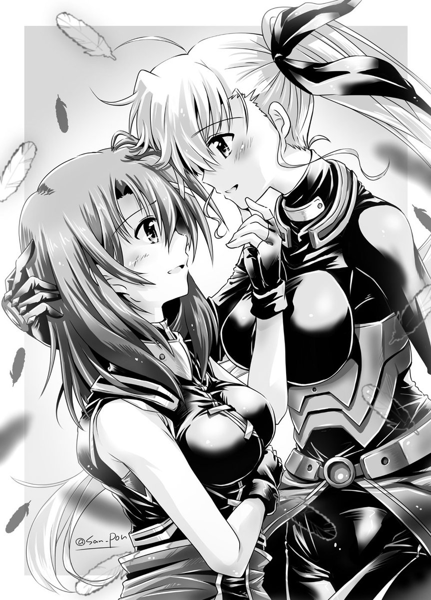 2girls age_difference blush breasts chin_lift couple eye_contact happy height_difference highres long_hair looking_at_another lyrical_nanoha magical_girl mahou_shoujo_lyrical_nanoha mahou_shoujo_lyrical_nanoha_vivid monochrome multiple_girls older san-pon side_ponytail simple_background smile vivid_strike! vivio yagami_hayate yuri