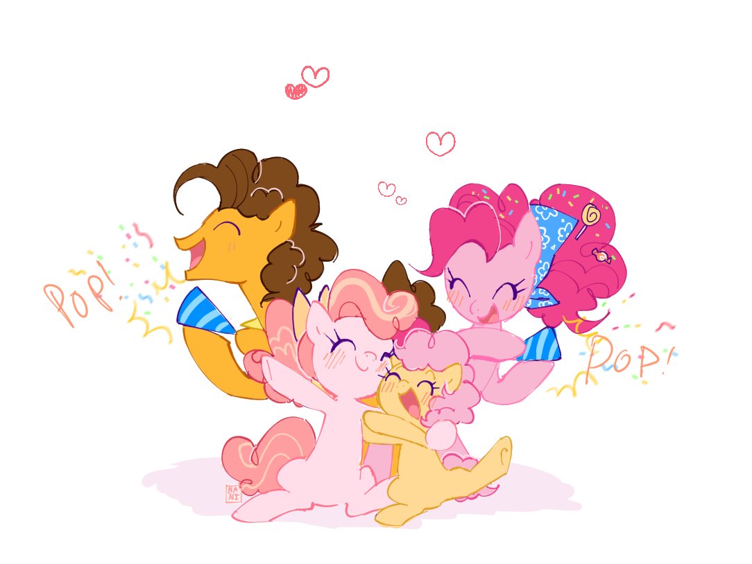 &lt;3 2019 blush brown_hair cheese_sandwich_(mlp) child cutie_png earth_pony equid equine eyes_closed family female feral friendship_is_magic fur group hair happy holding_object horse hug li'l_cheese_(mlp) male mammal my_little_pony open_mouth open_smile party_popper pink_body pink_fur pink_hair pinkie_pie_(mlp) pony simple_background sitting smile white_background yellow_body yellow_fur young