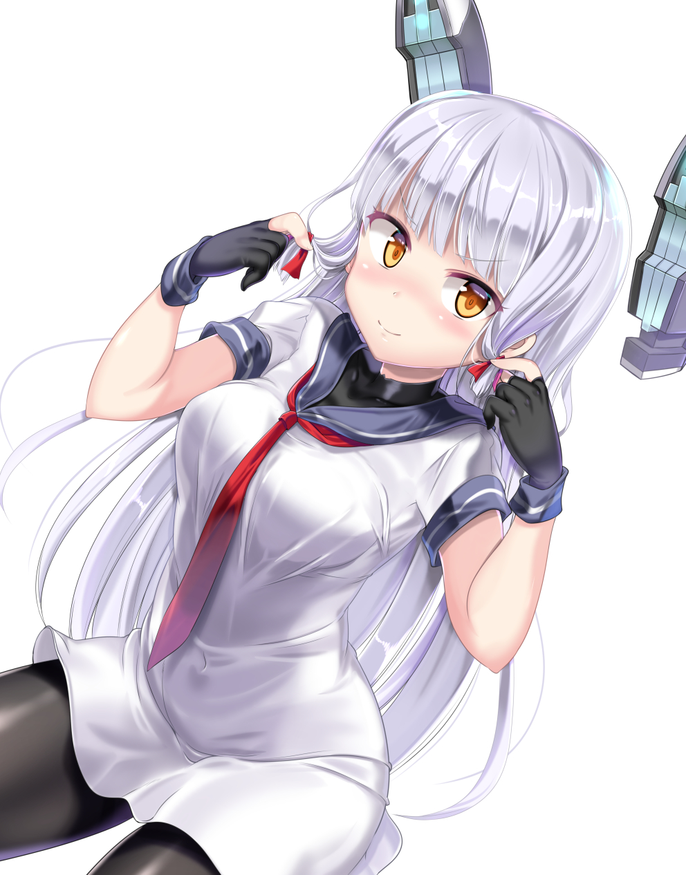 1girl alternate_breast_size bangs black_gloves black_legwear blue_sailor_collar blush breasts closed_mouth dress eyebrows_visible_through_hair fingerless_gloves gloves hair_ribbon headgear highres kantai_collection large_breasts long_hair looking_at_viewer mamo_williams murakumo_(kantai_collection) necktie orange_eyes pantyhose red_neckwear remodel_(kantai_collection) ribbon sailor_collar sailor_dress school_uniform serafuku sidelocks silver_hair simple_background smile solo tress_ribbon white_background