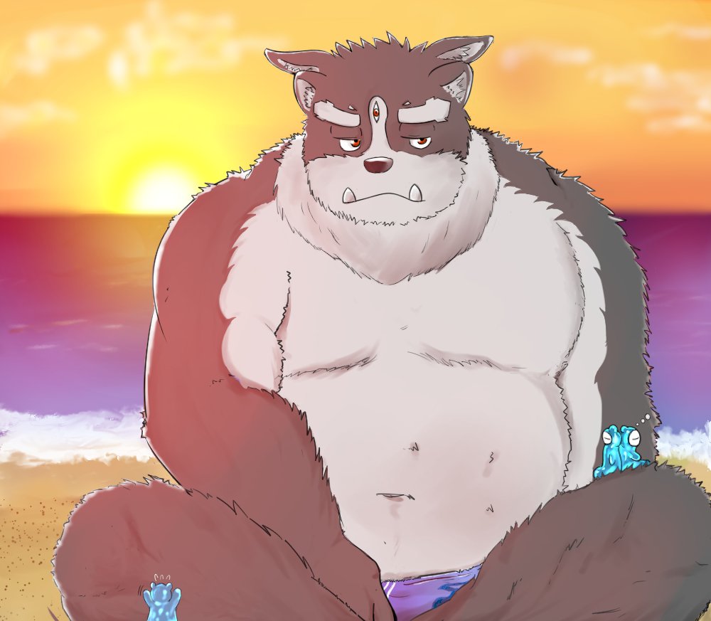 2020 anthro beach belly cute_fangs kemono male moobs outside overweight overweight_male seaside sitting solo sun tentetutetuya tokyo_afterschool_summoners tsathoggua video_games water