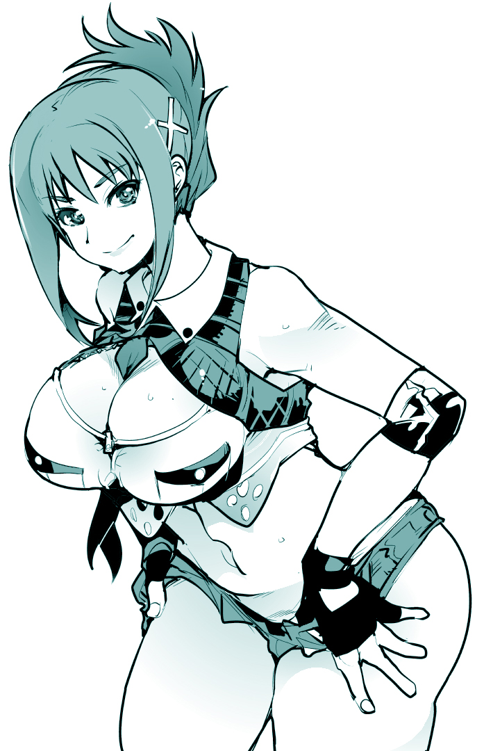 1girl bent_over breasts cleavage eyebrows_visible_through_hair hair_ornament hairclip hand_on_own_thigh kisaragi_chitose large_breasts looking_at_viewer neckwear_between_breasts solo super_robot_wars super_robot_wars_v thick_thighs thighs tied_hair uchiuchi_keyaki v-shaped_eyebrows white_background
