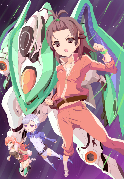 3girls blue_eyes blue_hair breasts brown_eyes brown_hair butterfly_hair_ornament cleavage clenched_hands fin_e_ld_si_laffinty hair_ornament hairband jersey kyouno_madoka mecha muginami multiple_girls orange_hair raised_fist red_skirt rinne_no_lagrange rudorufu skirt v-shaped_eyebrows vox_aura white_hairband
