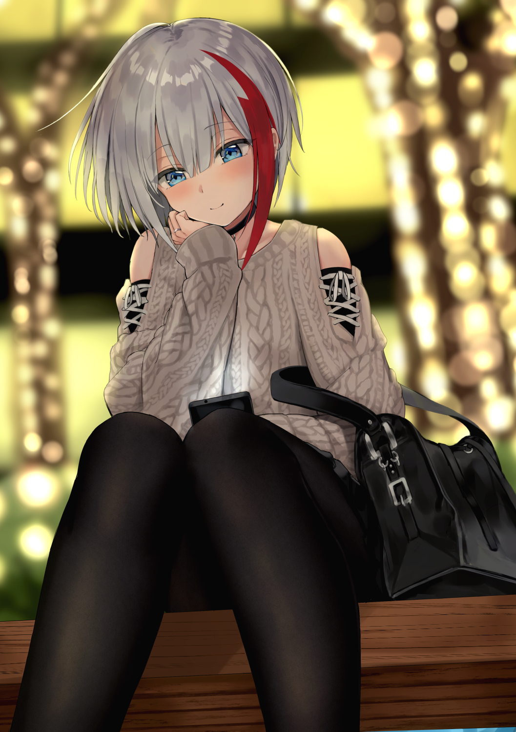 1girl admiral_graf_spee_(azur_lane) aran_sweater azur_lane bag bangs black_choker black_legwear black_skirt blue_eyes blurry blurry_background blush cellphone chin_rest choker christmas christmas_lights closed_mouth commentary_request depth_of_field feet_out_of_frame grey_hair grey_sweater hair_between_eyes head_tilt highres holding holding_phone jewelry kinokorec knees_together_feet_apart light long_sleeves looking_at_viewer miniskirt multicolored_hair pantyhose phone red_hair ring short_hair shoulder_bag shoulder_cutout sidelocks sitting skirt sleeves_past_wrists smile solo streaked_hair sweater