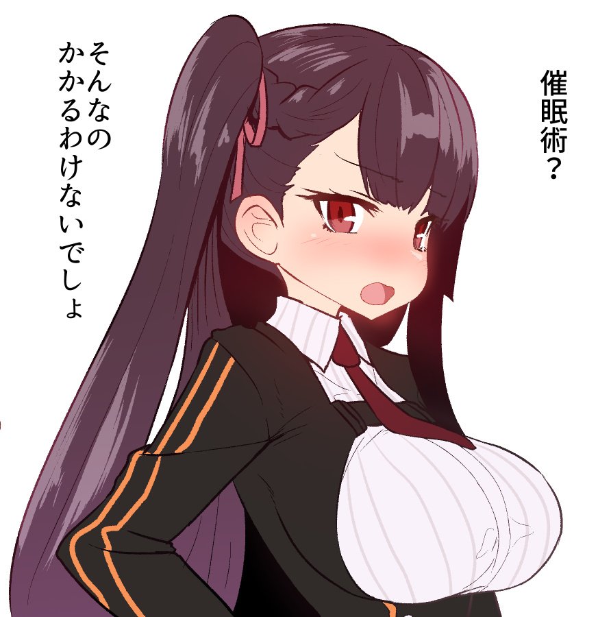 1girl bangs black_jacket blush braid breasts collared_shirt embarrassed eyebrows_visible_through_hair girls_frontline hair_ribbon hand_on_hip jacket large_breasts long_sleeves looking_at_viewer necktie nose_blush one_side_up open_mouth red_eyes red_hair red_neckwear red_ribbon ribbon shirt simple_background solo sumiyao_(amam) translation_request upper_body wa2000_(girls_frontline) white_background white_shirt wing_collar