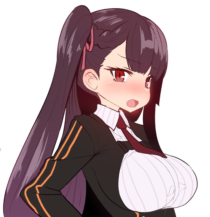 1girl bangs black_jacket blush braid breasts collared_shirt embarrassed eyebrows_visible_through_hair girls_frontline hair_ribbon hand_on_hip jacket large_breasts long_sleeves looking_at_viewer necktie nose_blush one_side_up open_mouth red_eyes red_hair red_neckwear red_ribbon ribbon shirt simple_background solo sumiyao_(amam) upper_body wa2000_(girls_frontline) white_background white_shirt wing_collar