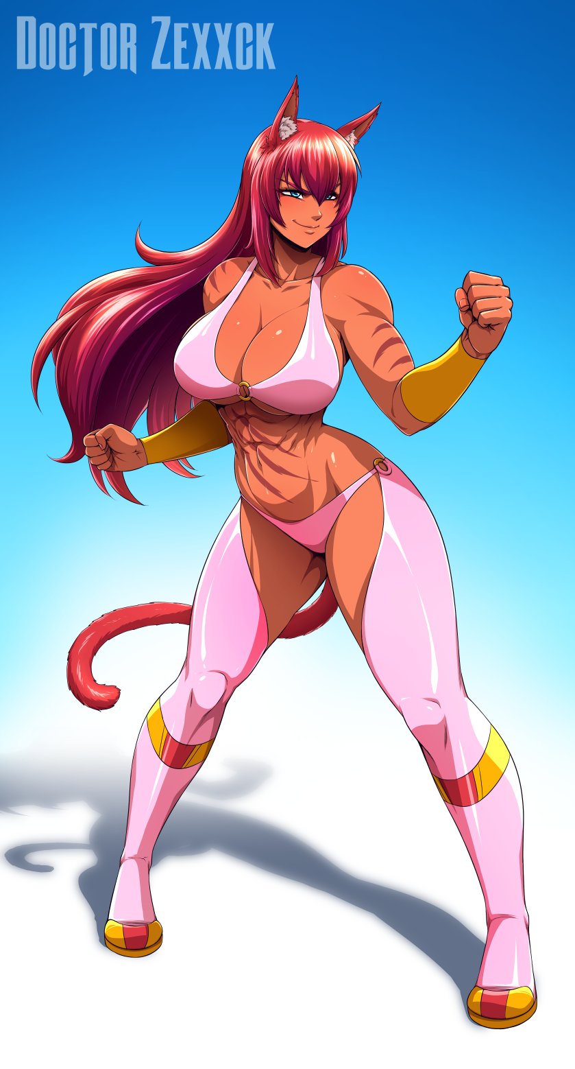animal_humanoid big_breasts biped breasts cleavage clothed clothing doctorzexxck felid felid_humanoid feline feline_humanoid female hair hi_res humanoid long_hair mammal mammal_humanoid muscular muscular_female red_hair skimpy smile solo standing