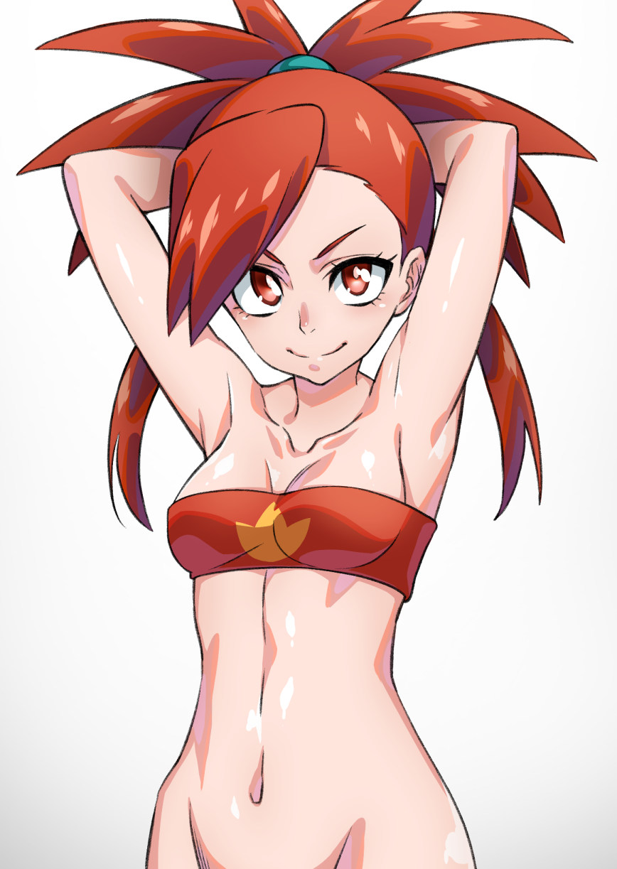 1girl armpits arms_behind_head arms_up asuna_(pokemon) bangs bottomless breasts cleavage closed_mouth collarbone commentary_request eyelashes hair_tie highres igana_asonerikes looking_at_viewer midriff navel pokemon pokemon_(game) pokemon_oras red_eyes red_hair red_tubetop shiny shiny_hair shiny_skin simple_background smile solo strapless swept_bangs tied_hair tubetop v-shaped_eyebrows white_background