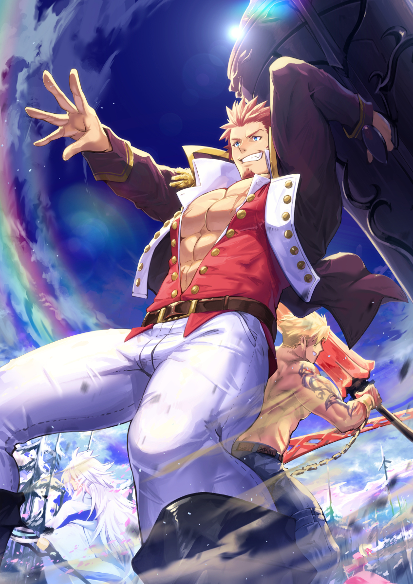 1girl 3boys abs back-to-back bangs bara beard belt beowulf_(fate/grand_order) blonde_hair blue_eyes blue_sky boots brown_hair cannon chest cloud cloudy_sky collar day dynamic_pose epaulettes facial_hair fate/grand_order fate_(series) fighting_stance fringe_trim from_below goatee highres holding holding_weapon huge_weapon jacket long_hair long_sleeves male_focus merlin_(fate) military military_uniform multiple_boys muscle napoleon_bonaparte_(fate/grand_order) nero_claudius_(fate)_(all) open_clothes open_hand open_jacket open_shirt outdoors pants pectorals rainbow scar short_hair sideburns skirt sky smile sunlight tattoo tight unbuttoned uniform waku_(ayamix) weapon white_hair white_pants