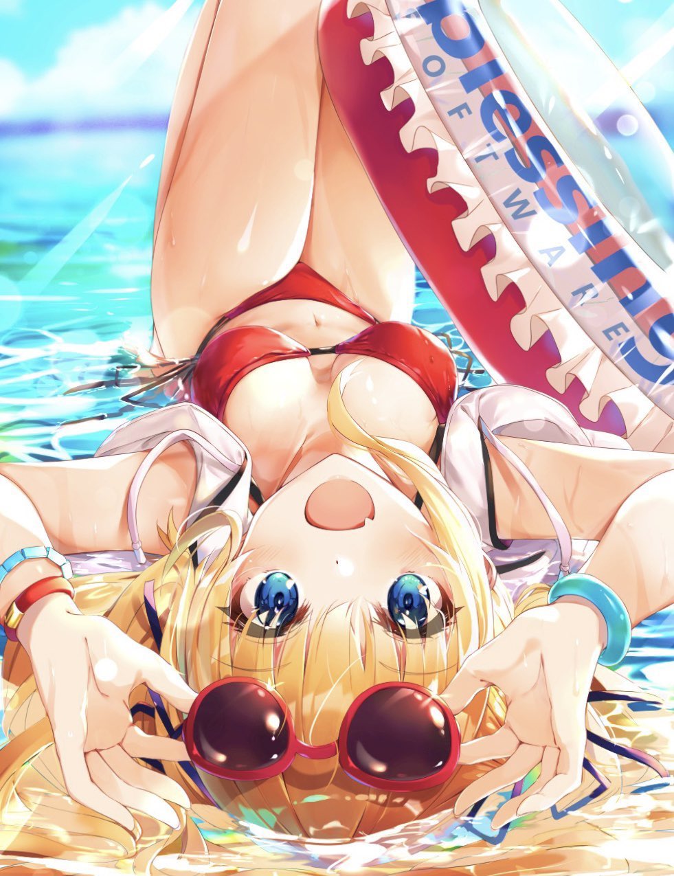 1girl :d armpits arms_up bare_shoulders bikini blonde_hair blue_eyes blurry bracelet breasts day depth_of_field eyewear_on_head fang hand_on_eyewear highres innertube jewelry knees_up kurokuro_illust long_hair looking_at_viewer lying medium_breasts navel on_back open_mouth outdoors red_bikini saenai_heroine_no_sodatekata sawamura_spencer_eriri sky smile solo sunglasses sunlight swimsuit thighs upside-down vest water wet white_vest