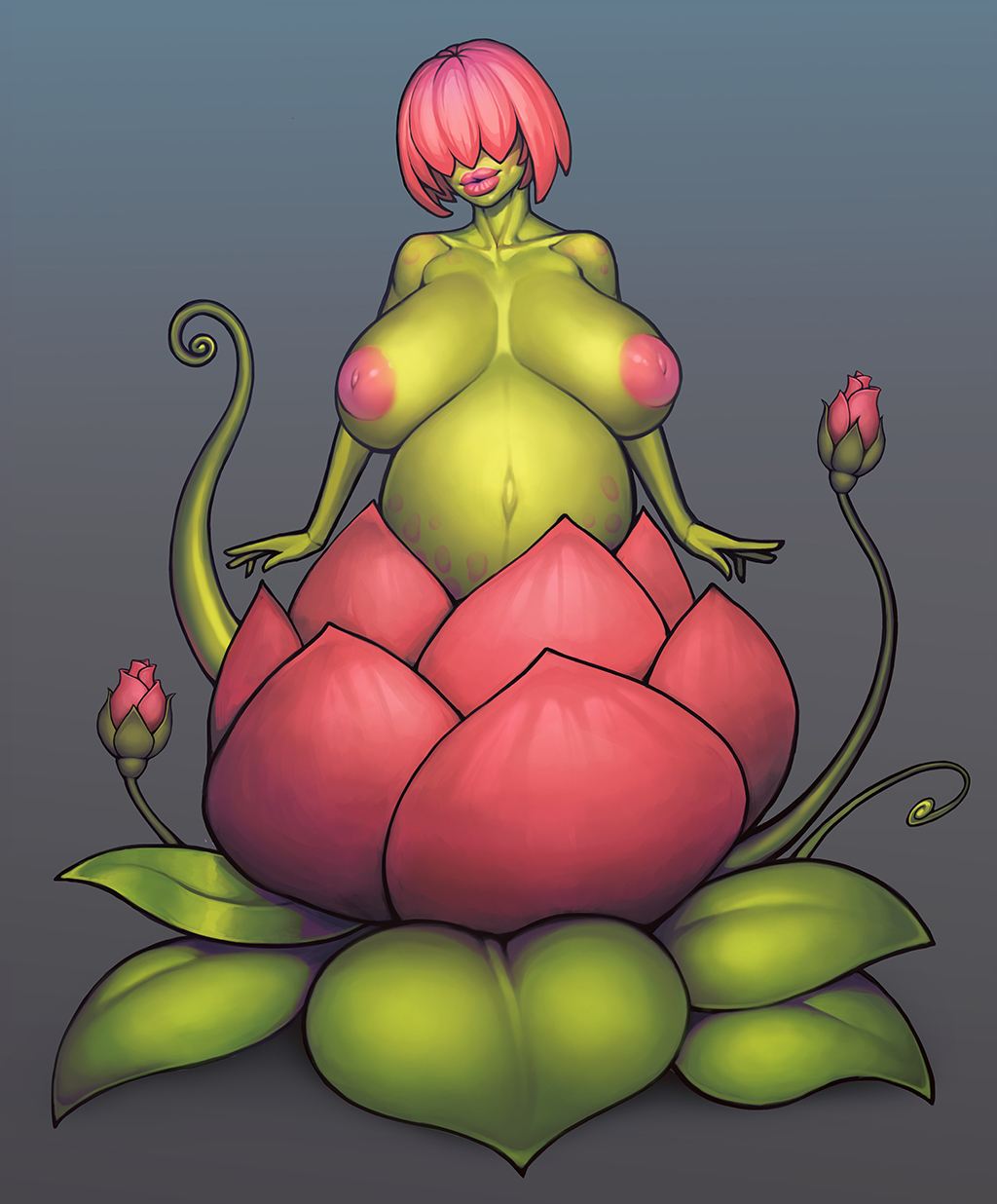 2019 alraune belly big_belly big_breasts boobsgames breasts elemental_creature elemental_humanoid european_mythology female flora_fauna flower green_body green_skin hair hair_over_eyes hi_res humanoid mythology nipples not_furry nude pink_hair plant plant_humanoid pregnant solo