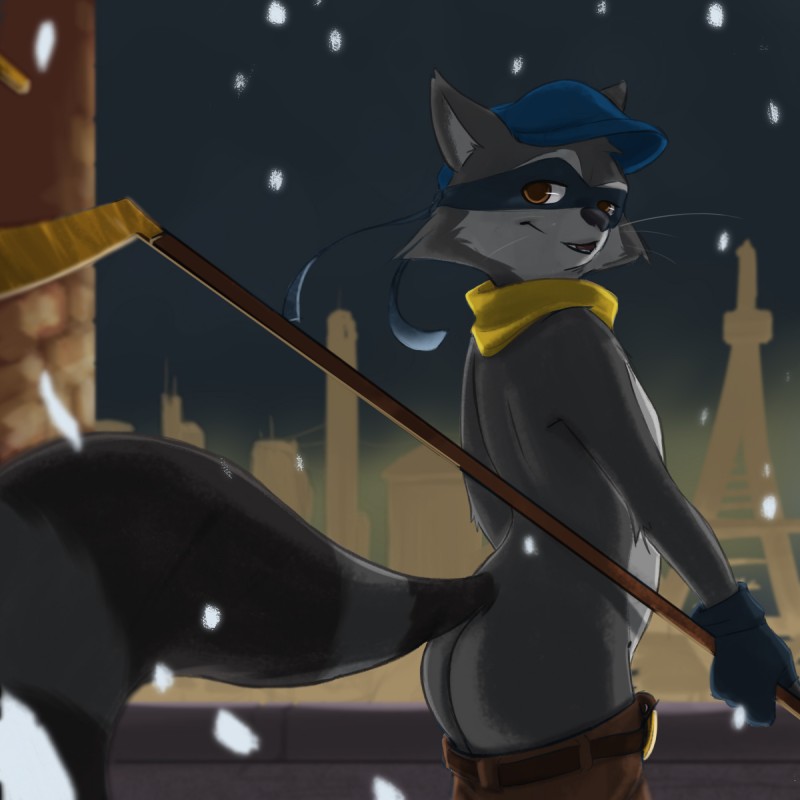 anthro butt clothed clothing fur gloves grey_body grey_butt grey_ears grey_fur grey_tail hair handwear holding_object mammal oleo outside pants_down partially_clothed procyonid raccoon sly_cooper sly_cooper_(series) snow snowing solo sony_corporation sony_interactive_entertainment sucker_punch_productions video_games whiskers yellow_clothing