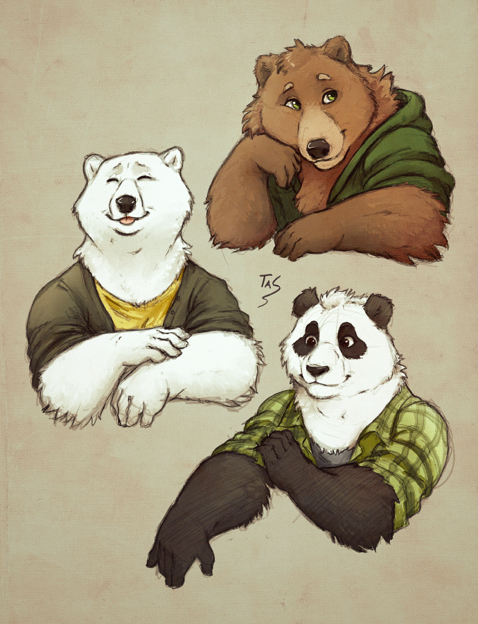 2020 5_fingers black_body black_fur blep brown_body brown_fur digital_media_(artwork) fingers fur giant_panda green_eyes mammal polar_bear tasanko tongue tongue_out ursid ursine white_body white_fur