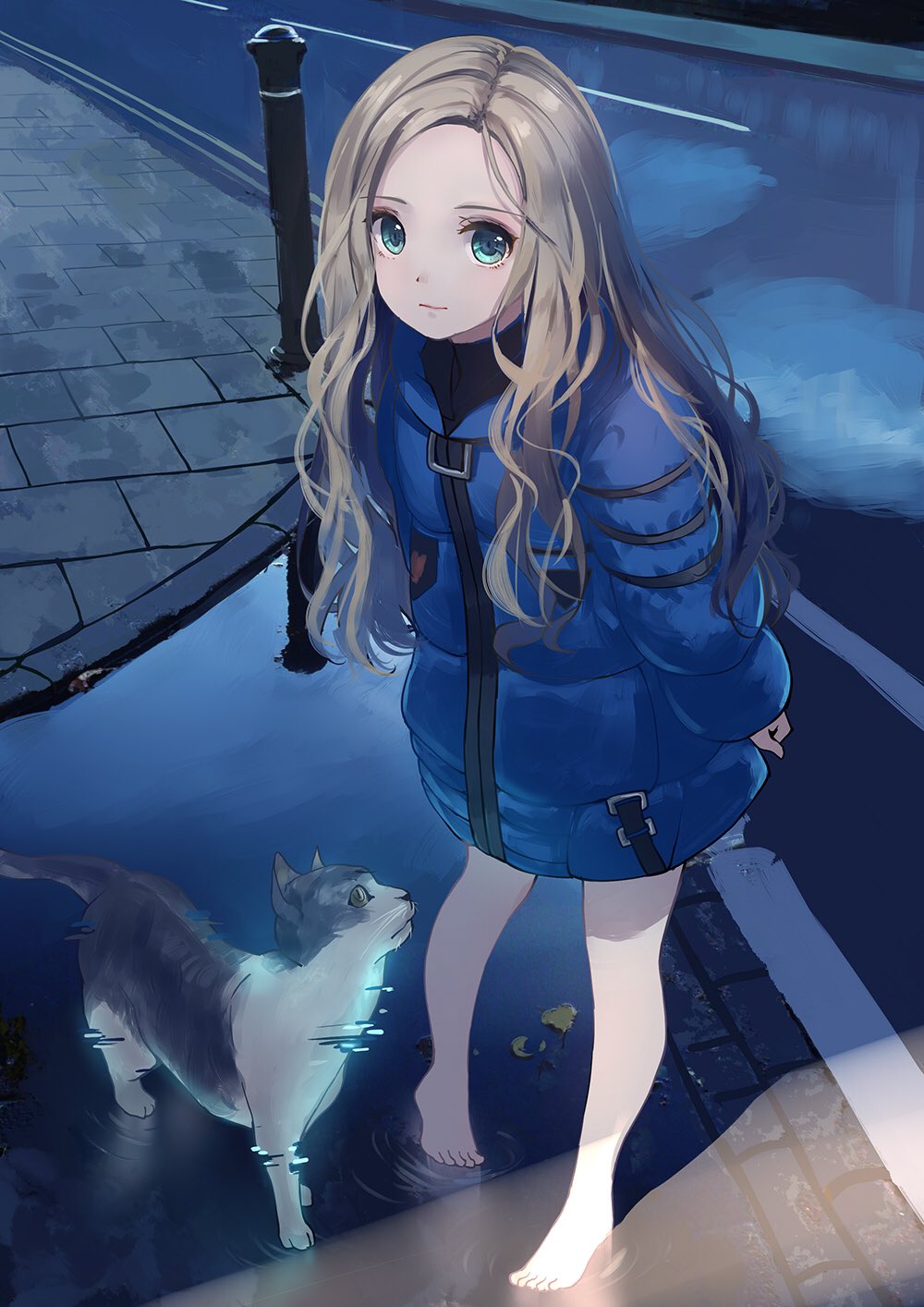 1girl animal aqua_eyes arms_at_sides barefoot blonde_hair blue_coat caidychen cat closed_mouth coat commentary highres hologram leaning_forward little_girl_(pragmata) long_hair long_sleeves looking_at_viewer parted_hair pragmata puddle reflection road shadow solo standing street wavy_hair