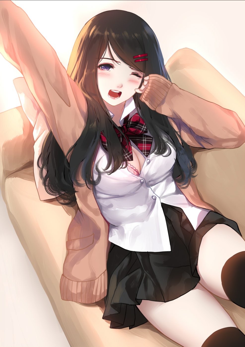 1girl arms_up beige_background beige_cardigan black_hair black_legwear black_skirt blush bow bowtie bra bra_peek breasts caidychen cardigan cleavage commentary couch cushion dress_shirt feet_out_of_frame from_above hair_ornament hairclip highres kneehighs long_hair looking_at_viewer lying miniskirt one_eye_closed open_mouth original outstretched_arm partially_unbuttoned pink_bra plaid plaid_bow plaid_neckwear pleated_skirt purple_eyes red_bow shirt skirt sleeves_past_wrists solo teeth thighs unbuttoned unbuttoned_shirt underwear wavy_hair white_shirt wing_collar yawning