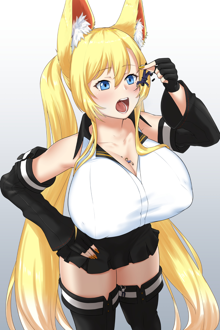 1girl 3boys animal_ears bare_shoulders black_gloves black_legwear black_skirt blonde_hair blue_eyes blush breasts cleavage collarbone covered_nipples detached_sleeves fingerless_gloves giantess gloves gradient gradient_background highres holding_person huge_breasts long_hair looking_at_another multiple_boys open_mouth original person_in_cleavage rakia_(ds00309) sidelocks size_difference skirt twintails very_long_hair vore white_background