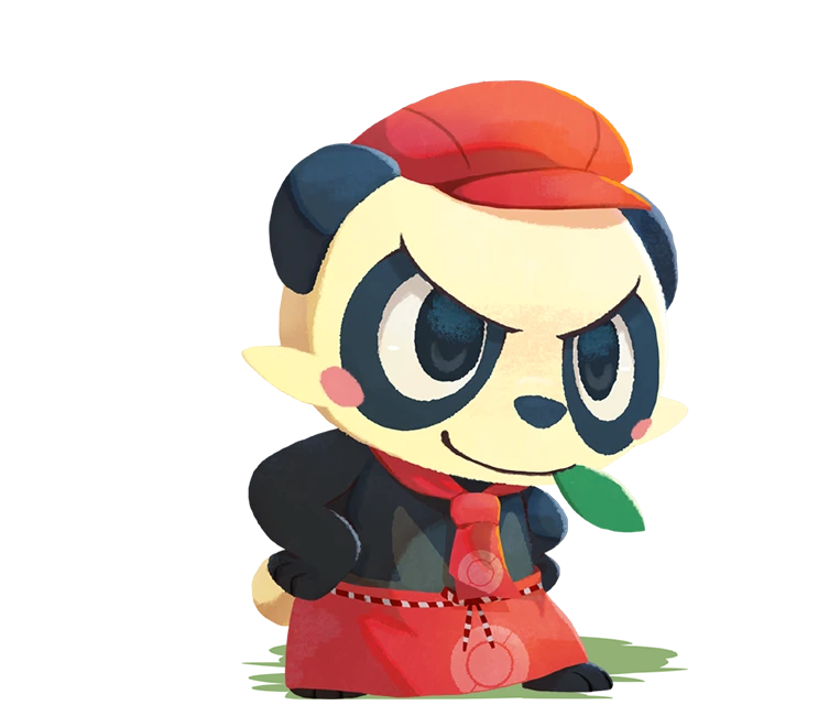 apron artist_request black_eyes blush blush_stickers cabbie_hat closed_mouth clothed_pokemon full_body gen_6_pokemon hands_on_hips happy hat leaf mouth_hold neckerchief no_humans official_art pancham panda poke_ball_symbol poke_ball_theme pokemon pokemon_(creature) pokemon_(game) pokemon_cafe_mix red_headwear red_neckwear ribbon smile solo standing transparent_background
