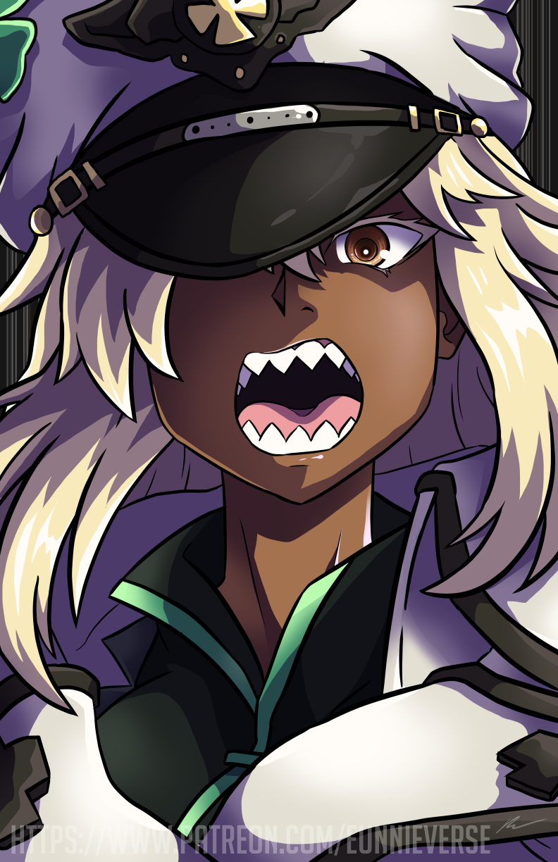 1girl cape close-up commentary dark_skin english_commentary eunnieverse face guilty_gear guilty_gear_strive hat hat_over_one_eye high_collar highres long_hair open_mouth orange_eyes peaked_cap platinum_blonde_hair portrait ramlethal_valentine sharp_teeth solo teeth watermark