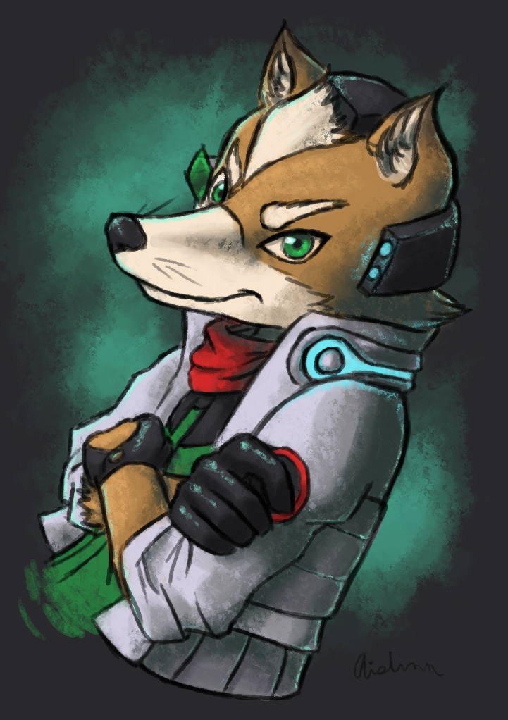 2015 anthro canid canine clothing fox fox_mccloud fur gloves green_eyes handwear jacket male mammal nintendo scarf signature smile solo star_fox topwear video_games yumeaislinn