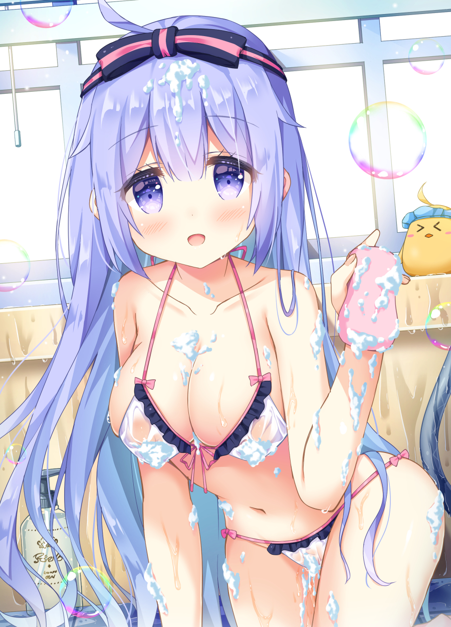 &gt;_&lt; 1girl :d ahoge animal azur_lane bangs bare_arms bare_shoulders bikini bird black_bow blush bow breasts bubble chick cleavage closed_eyes commentary_request eyebrows_visible_through_hair front-tie_top hair_between_eyes hair_bow halter_top halterneck hand_up highres holding leaning_forward long_hair manjuu_(azur_lane) medium_breasts navel open_mouth purple_eyes purple_hair satsuki_yukimi see-through shampoo_hat smile soap_bottle soap_bubbles solo sponge striped striped_bow swimsuit unicorn_(azur_lane) very_long_hair wet wet_clothes wet_swimsuit white_bikini window