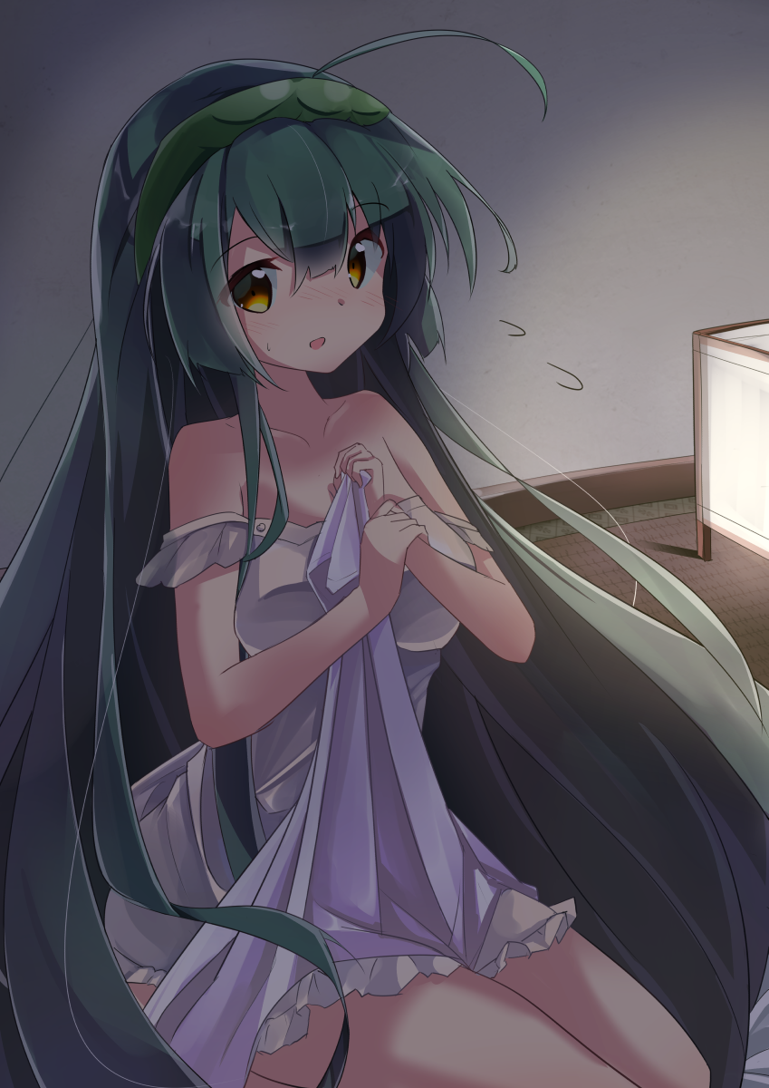 1girl ahoge bangs blush breasts brown_eyes commentary_request dress eyebrows_visible_through_hair flying_sweatdrops frilled_dress frills green_hairband greyscale hair_between_eyes hairband hands_up highres holding indoors lantern long_hair looking_at_viewer medium_breasts monochrome nose_blush parted_lips ryogo sitting sleeveless sleeveless_dress smile solo strap_slip sweat touhoku_zunko very_long_hair voiceroid white_dress