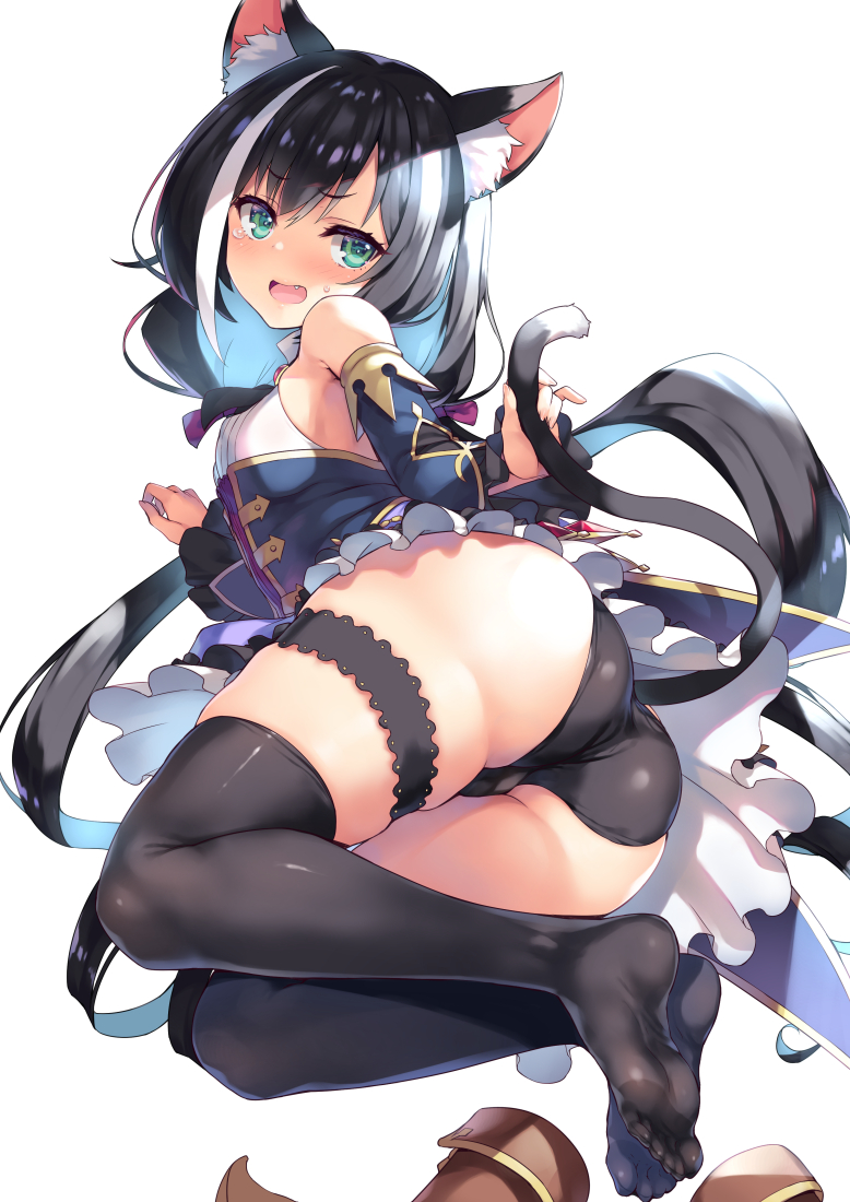 1girl animal_ears ass bangs bare_shoulders black_hair black_legwear black_panties blush breasts cat_ears cat_girl cat_tail commentary_request dress eyebrows_visible_through_hair fang green_eyes karyl_(princess_connect!) long_hair looking_at_viewer lying multicolored_hair on_side open_mouth panties princess_connect! princess_connect!_re:dive shiny shiny_clothes shiny_hair short_dress simple_background small_breasts solo tail thigh_strap thighhighs thighs tied_hair tomose_shunsaku underwear white_background white_hair