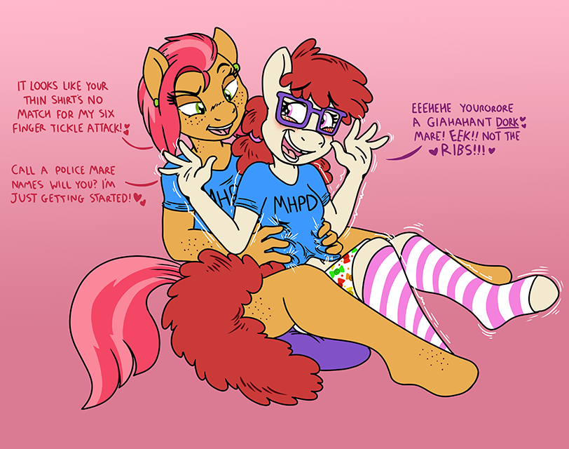 &lt;3 anthro babs_seed_(mlp) blush caroo clothed clothing dialogue duo ear_piercing ear_ring earth_pony english_text equid equine eyewear female female/female freckles friendship_is_magic fully_clothed glasses hooves horse legwear mammal my_little_pony piercing pony sitting socks text tickling twist_(mlp)