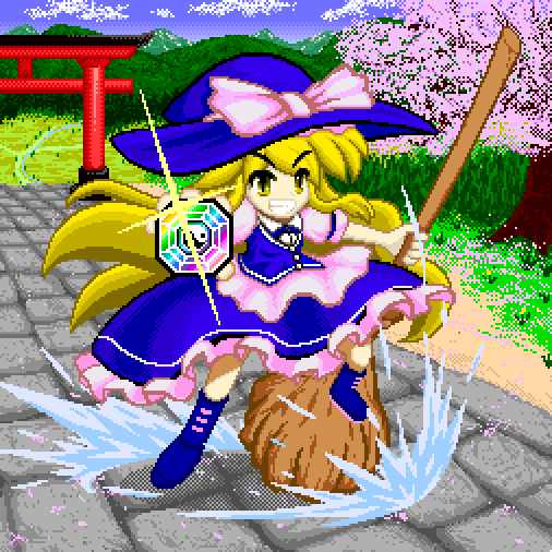 1girl blonde_hair blue_dress blue_footwear blue_headwear bow broom cherry_blossoms cloud dress eyebrows_visible_through_hair frilled_dress frills hat holding kirisame_marisa long_hair looking_at_viewer mini-hakkero outdoors pink_bow pink_frills pixel_art smile solo stone_floor torii touhou tsukimiya_toito witch_hat yellow_eyes