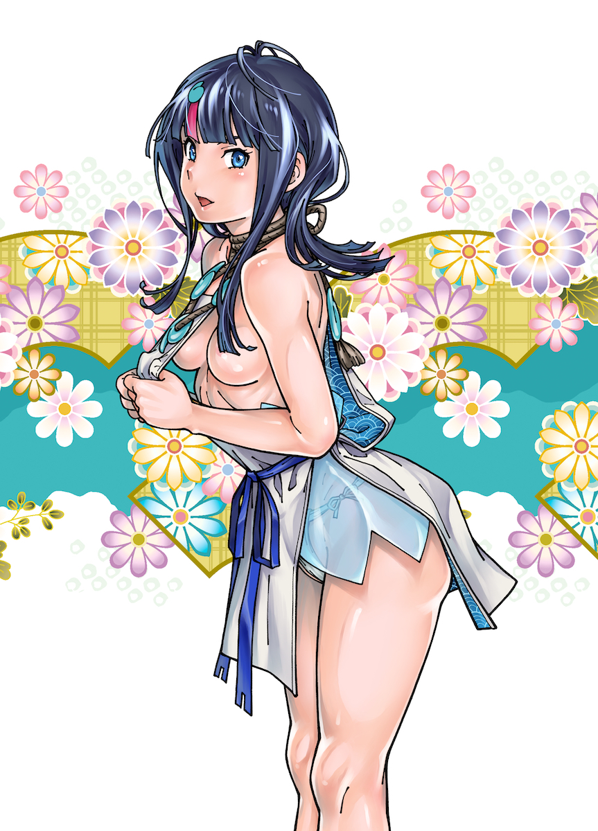 1girl bangs bare_shoulders black_hair blue_eyes blue_ribbon blush breasts collarbone convenient_censoring dress dress_pull fate/grand_order fate/requiem fate_(series) floral_background fukudahda fundoshi highres japanese_clothes jewelry looking_at_viewer magatama magatama_hair_ornament medium_breasts medium_hair multicolored_hair necklace open_mouth pelvic_curtain photoshop_(medium) pink_hair ribbon short_dress sideboob sideless_outfit sleeveless sleeveless_dress streaked_hair thighs utsumi_erise white_dress
