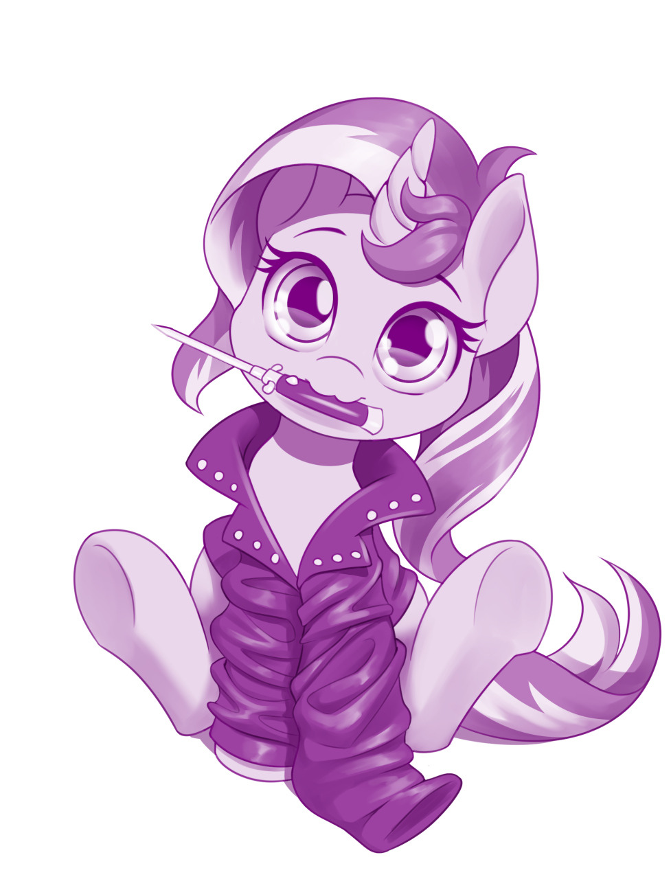 :3 clothing dstears equestria_girls equid equine female feral hi_res horn jacket knife leather leather_jacket looking_at_viewer mammal monochrome my_little_pony purple_and_white quadruped sitting small_(disambiguation) stiletto_(weapon) stiletto_knife sunset_shimmer_(eg) switchblade_knife topwear unicorn