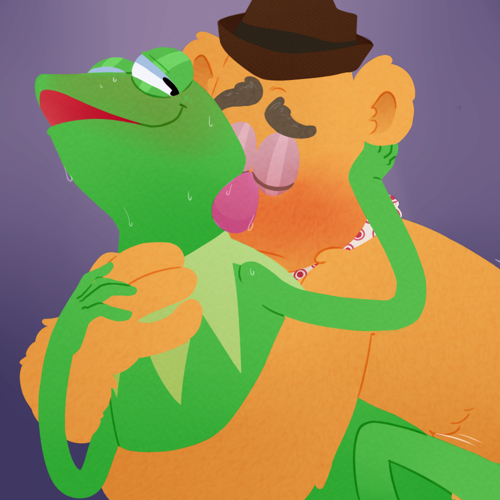 1:1 2020 amphibian anthro blush bodily_fluids brown_clothing brown_hat brown_headwear clothing duo embrace eyes_closed fozzie_bear frog fur green_body hat headgear headwear kermit_the_frog male male/male mammal muppets narrowed_eyes open_mouth purple_background sex simple_background smile sweat ubernerdmaster ursid