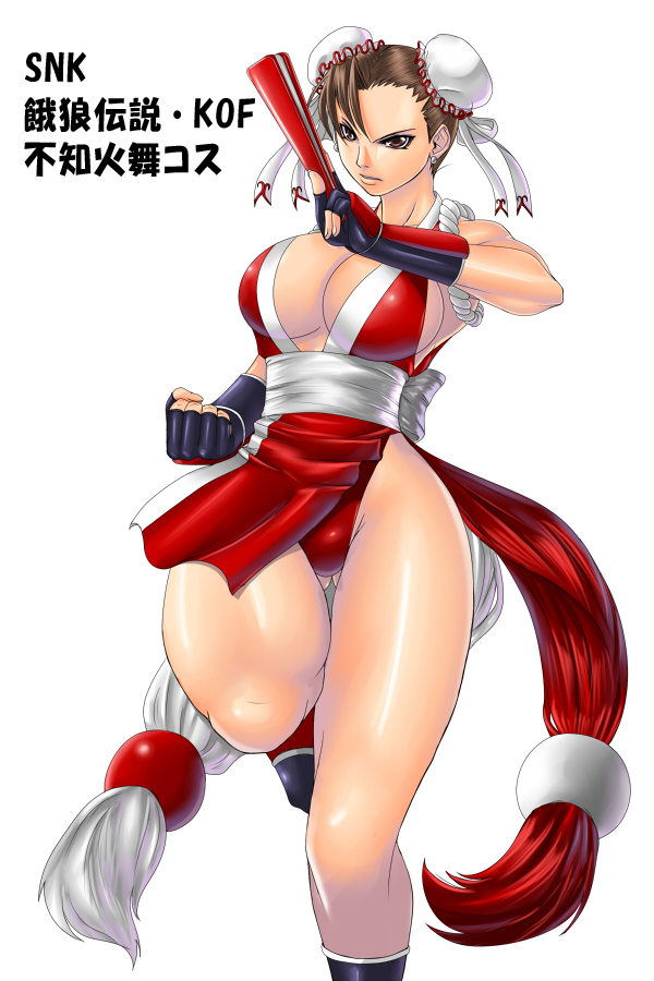 1girl alternate_costume ass_visible_through_thighs bangs bare_legs bare_shoulders black_footwear breasts brown_eyes brown_hair bun_cover capcom chun-li cleavage cleavage_cutout closed_fan commentary_request cosplay double_bun dress earrings fan fighting_stance folding_fan highleg holding holding_fan japanese_clothes jewelry judge_martin kimono large_breasts legs long_hair ninja no_bra obi pelvic_curtain red_kimono revealing_clothes revealing_cutout ribbon rope sash shimenawa shiranui_mai shiranui_mai_(cosplay) simple_background sleeveless sleeveless_kimono solo standing street_fighter tassel thick_thighs thighs white_background white_ribbon wrist_cuffs
