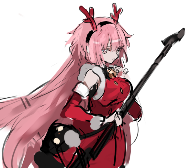 1girl 2017 antler_hairband antlers bag bangs bare_shoulders bell bell_collar big_hair black_bag black_hairband breasts collar detached_sleeves dress fur-trimmed_dress fur_trim girls_frontline hair_between_eyes hairband holding long_hair ntw-20_(girls_frontline) pink_eyes pink_hair ran_(bukeranwu) red_sleeves reindeer_antlers shoulder_bag sideboob simple_background sleeveless_sweater solo sweater sweater_dress two-tone_dress two-tone_hairband very_long_hair white_background