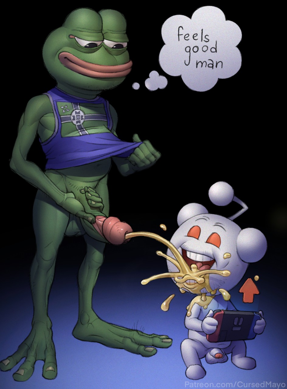 3_toes 4chan amphibian anthro balls bodily_fluids bottomless clothed clothing cursed_image cursedmayo dialogue drinking drinking_urine duo frog genital_fluids genitals glans green_balls green_penis hi_res humanoid humanoid_genitalia humanoid_penis machine male male/male meme nightmare_fuel nintendo nintendo_switch peeing penis penis_size_difference pepe_the_frog pink_glans pissed_on reddit robot shirt simple_background sitting snoo standing tank_top teeth text toes tongue topwear urine urine_in_mouth video_games watersports what where_is_your_god_now white_balls white_penis why