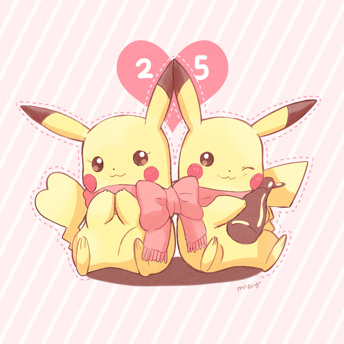 1boy 1girl bottle bow clothed_pokemon couple gen_1_pokemon holding holding_bottle looking_away mei_(maysroom) one_eye_closed outline pikachu pink_background pokemon scarf shared_scarf sitting striped striped_background tagme touching_ears