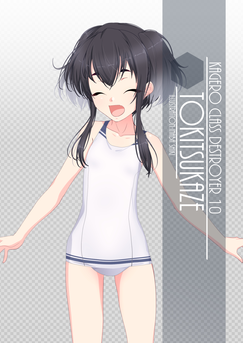 1girl artist_name black_hair character_name checkered checkered_background clip_studio_paint_(medium) closed_eyes commentary_request flat_chest gradient gradient_background gradient_hair grey_background highres inaba_shiki kantai_collection multicolored_hair open_mouth outstretched_arms photoshop_(medium) school_swimsuit short_hair short_hair_with_long_locks sidelocks solo swimsuit tokitsukaze_(kantai_collection) white_school_swimsuit white_swimsuit white_wetsuit