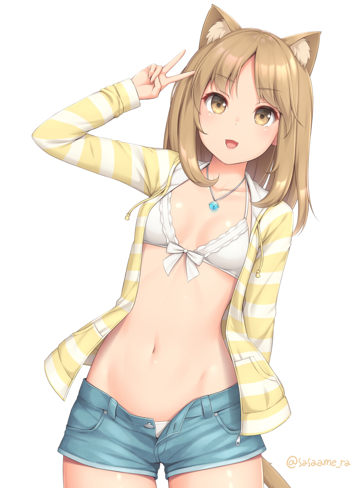 1girl animal_ears bell bikini breasts brown_eyes brown_hair cat_ears cat_girl cat_tail looking_at_viewer medium_breasts navel open_mouth open_pants small_breasts smile solo standing swimsuit tagme tail v_hand