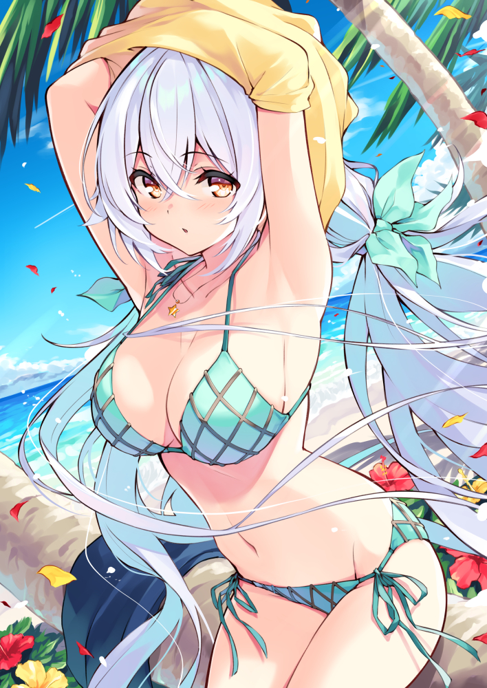 1girl armpits arms_up bangs bare_shoulders beach bikini blue_sky blush breasts brown_eyes cleavage cloud collarbone commentary_request cowboy_shot cu-no day eyebrows_visible_through_hair flower green_bikini groin hair_between_eyes hair_ribbon halter_top halterneck hisenkaede horizon jewelry large_breasts leaf long_hair looking_at_viewer low_twintails navel necklace ocean open_mouth outdoors palm_tree parted_lips petals plaid plaid_bikini rapua_qive red_flower ribbon sand side-tie_bikini silver_hair sitting sky solo stomach string_bikini striped striped_bikini swimsuit thighs tree twintails undressing very_long_hair water