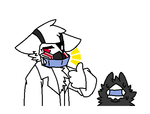 2020 ambiguous_gender anthro black_body black_fur canid canine changed_(video_game) dr._k_(changed) dragontim duo fur gas_mask low_res male male/male mammal mask medical_instrument puro_(changed) red_eyes scientific_instrument surgical_mask video_games white_body white_fur