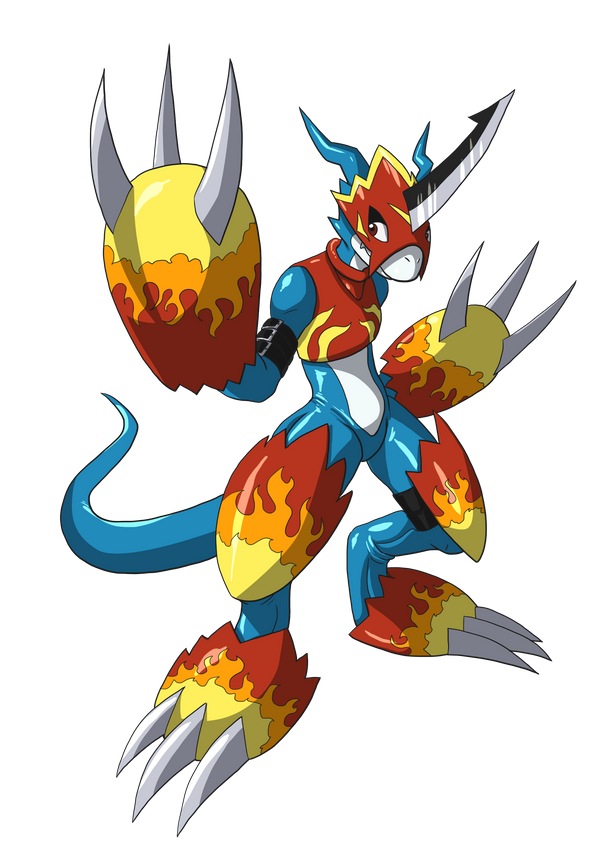 2016 after_transformation alpha_channel anthro armor blue_body claws digimon digimon_(species) flamedramon horn male markings midorimushig red_eyes reptile scalie simple_background smile solo transparent_background white_body yellow_markings